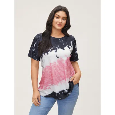 Bloomchic Women's Plus Size Tie Dye Round Neck T-shirt Multicolor Tie-dye Casual Short Sleeve Round Neck 10/m