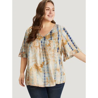 Bloomchic Women's Plus Size Tie Dye V Neck Flounce Sleeve Blouse Navy Dailywear Half Sleeve 10/m In Blue