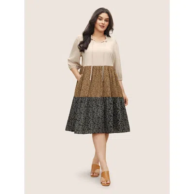 Bloomchic Women's Plus Size Tie Neck Ditsy Floral Colorblock Contrast Frill Trim Dress Apricot Geometric Midi  In Orange