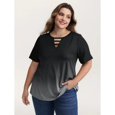 Bloomchic Women's Plus Size Tie-dye Blend Neck Cut-out T-shirt Darkgray Ombre Casual Short Sleeve Round Neck 3 In Gray