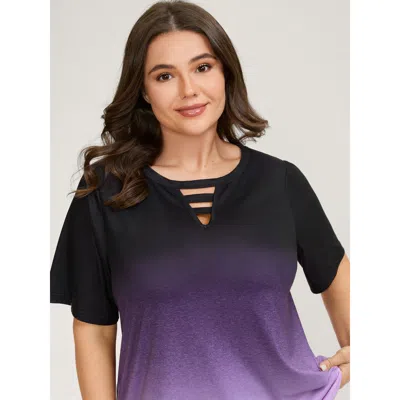Bloomchic Women's Plus Size Tie-dye Blend Neck Cut-out T-shirt Darkviolet Ombre Casual Short Sleeve Round Neck