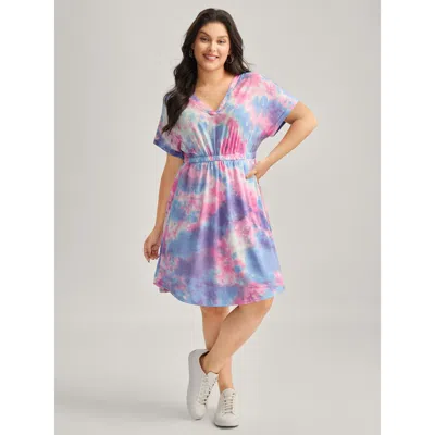 Bloomchic Women's Plus Size Tie-dye Curvy Hem V-neck Mini Dress Multicolor Tie-dye Midi Casual Wide Waistband 