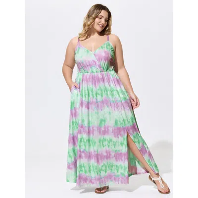 Bloomchic Women's Plus Size Tie-dye Effect Flowy Knit Maxi Dress Multicolor Vacation Maxi V-neck 12/l