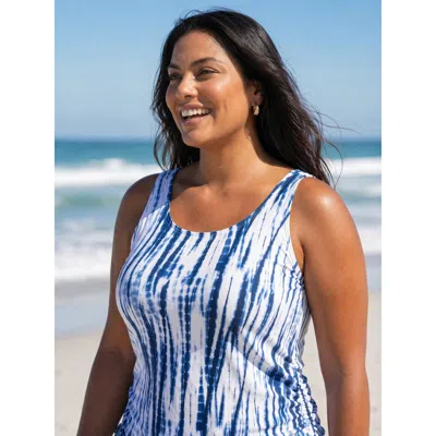 Bloomchic Women's Plus Size Tie-dye Effect Scoop Neckline Swim Top Mediumblue Ombre Non Adjustable Straps 10/m