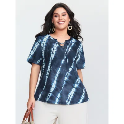 Bloomchic Women's Plus Size Tie-dye Print Drawstring Neckline T-shirt Stone Gradient Dyeing Vacation Short Sle In Gray