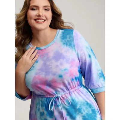 Bloomchic Women's Plus Size Tie-dye Print Drawstring Waist Midi Dress Stone Tie-dye Knee Casual 10/m In Gray