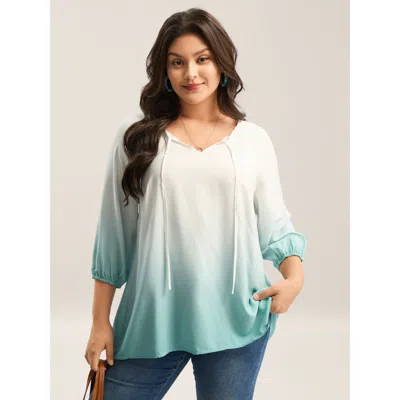 Bloomchic Women's Plus Size Tie-dye Rayon Neck Tie Blouse Malachitegreen Ombre Vacation 3/4 Sleeve V-notch Nec