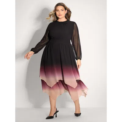 Bloomchic Women's Plus Size Tie-dye Sheer Shirred Waist Midi Dress Black Gradient Dyeing Maxi Party 10/m