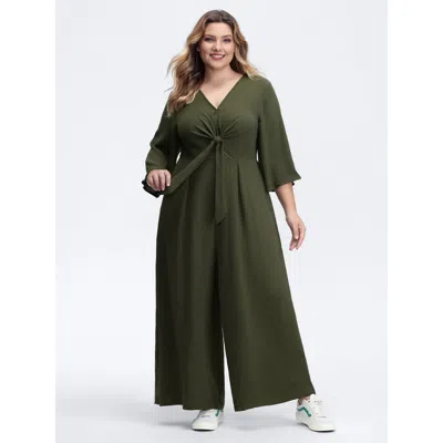 Bloomchic Women's Plus Size Tie-front Three Quarter Sleeve Jumpsuit Armygreen Casual 22-24/3x
