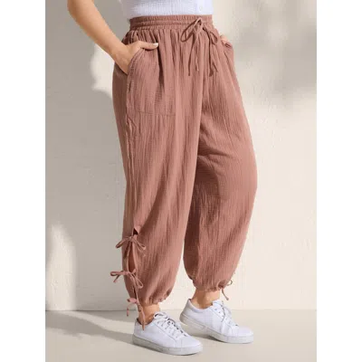 Bloomchic Women's Plus Size Tie-hem Slits Cuffed Waist-tie Pockets Pants Rust Non Tapered Ankle Mid Rise Casua In Brown