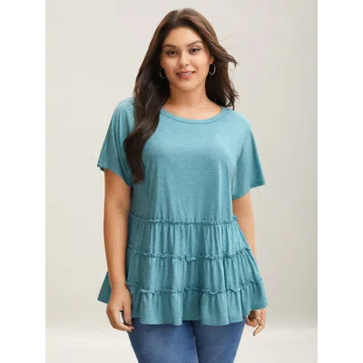 Bloomchic Women's Plus Size Tiered Petal Trim Crew Neck T-shirt Stone Solid Casual Short Sleeve Round Neck 10/ In Gray