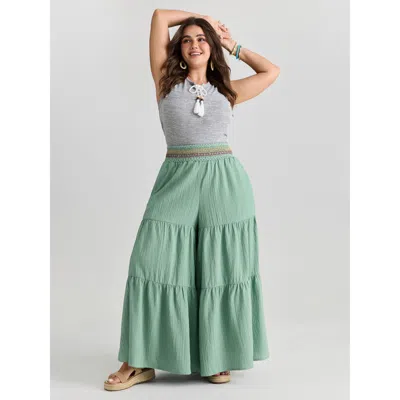 Bloomchic Women's Plus Size Tiered Shirred Waist Flare Pants Mint Solid Flared High Rise Vacation 10/m In Green
