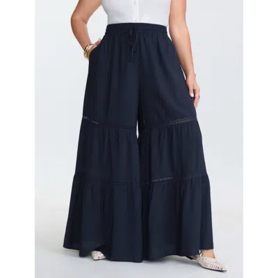 Bloomchic Women's Plus Size Tiered Spliced Drawstring Cut Out Flared Pants Indigo Non Wide Leg Mid Rise Vacati In Purple