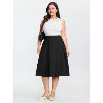 Bloomchic Women's Plus Size Timeless Pleated Stretchy Midi Skirt Black Pleated A-line Elegant 30/6x