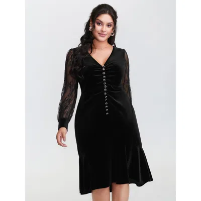 Bloomchic Women's Plus Size Timeless Velvet Lace Mesh Midi Dress Black Synthetic Texture Knee Elegant 22-24/3x