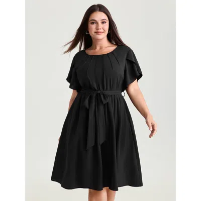 Bloomchic Women's Plus Size Timeless Waist-tie Pleated Detail Mini Dress Black Non Knee Office Tucked Seam 12/