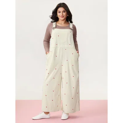 Bloomchic Women's Plus Size Tiny Heart Embroidery Overall Straps Jumpsuit Beige Casual Relaxed Fit 10/m In Sand