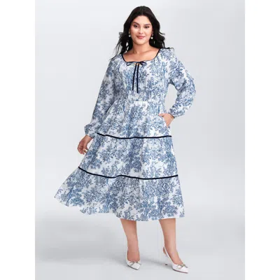 Bloomchic Women's Plus Size Toile De Jouy Neck-tie Midi Dress Darkblue Landscape Pattern Midi Elegant 10/m In Blue