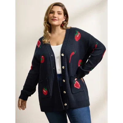 Bloomchic Women's Plus Size Tomato Chili Print Button Knit Cardigan Midnight Long Sleeve 10/m In Blue