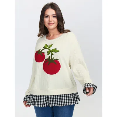 Bloomchic Women's Plus Size Tomato Embroidery Textured Contrast Sweatshirt Ivory Fruit Casual 10/m In White
