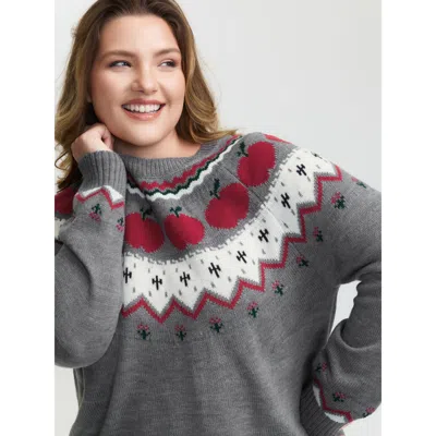 Bloomchic Women's Plus Size Tomato Pattern Color Contrast Knit Cardigan Darkgray Long Sleeve 10/m In Gray