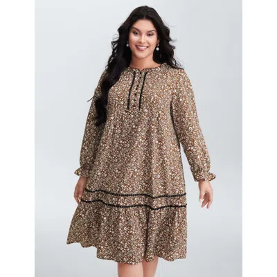 Bloomchic Women's Plus Size Toothpick Pleat Contrast Placket Midi Dress Browncoffeecolor Ditsy Floral Midi Cas