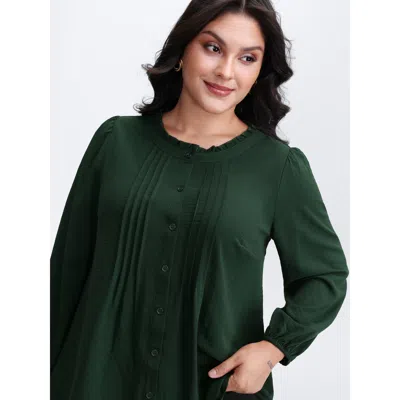 Bloomchic Women's Plus Size Toothpick Pleat Flowy Solid Blouse Darkgreen Solid Elegant Long Sleeve Ruffle Trim In Green