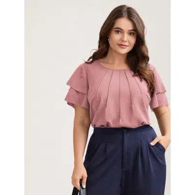 Bloomchic Women's Plus Size Toothpick Pleat Layered Flutter Sleeve Blouse Beanpastepowder Solid Office Short S