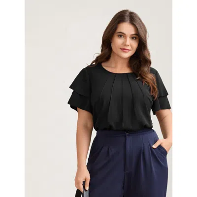 Bloomchic Women's Plus Size Toothpick Pleat Layered Flutter Sleeve Blouse Black Solid Office Short Sleeve Roun