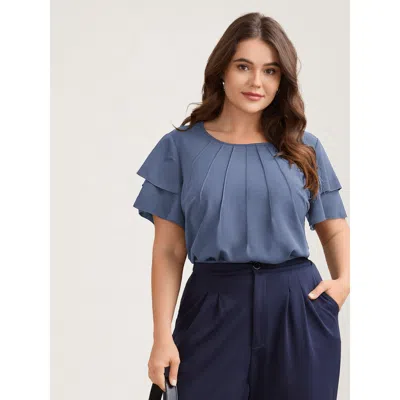 Bloomchic Women's Plus Size Toothpick Pleat Layered Flutter Sleeve Blouse Mediumblue Solid Office Short Sleeve