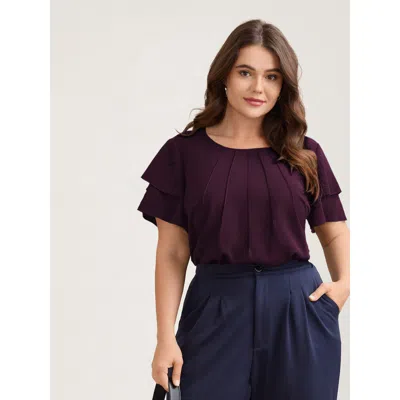 Bloomchic Women's Plus Size Toothpick Pleat Layered Flutter Sleeve Blouse Plum Solid Office Short Sleeve Round In Purple
