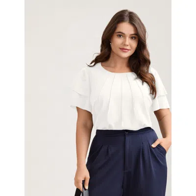 Bloomchic Women's Plus Size Toothpick Pleat Layered Flutter Sleeve Blouse Whitesmoke Solid Office Short Sleeve