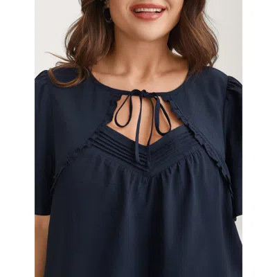 Bloomchic Women's Plus Size Toothpick Pleated Neck Tie Solid Blouse Indigo Solid Elegant Short Sleeve V-neck 1 In Purple