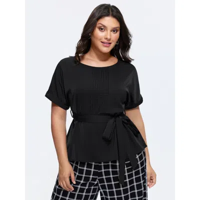 Bloomchic Women's Plus Size Toothpick Pleated Waist-tie Plain Blouse Pureblack Solid Office Short Sleeve Round