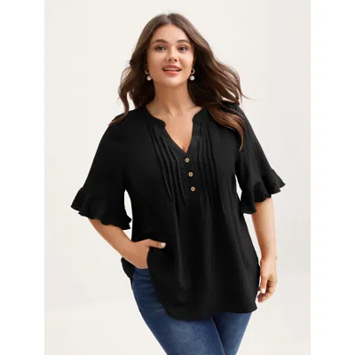 Bloomchic Women's Plus Size Toothpick Pleats Ruffled Sleeve Solid Blouse Black Solid Elegant Short Sleeve V-no