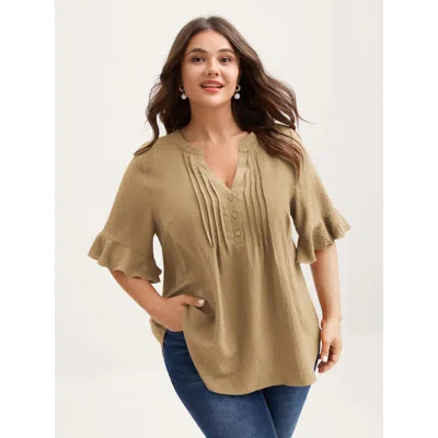 Bloomchic Women's Plus Size Toothpick Pleats Ruffled Sleeve Solid Blouse Bronze Solid Elegant Short Sleeve V-n In Brown