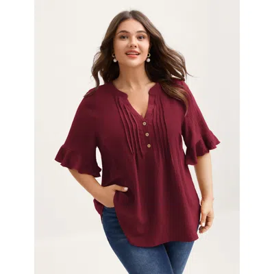 Bloomchic Women's Plus Size Toothpick Pleats Ruffled Sleeve Solid Blouse Burgundy Solid Elegant Short Sleeve V