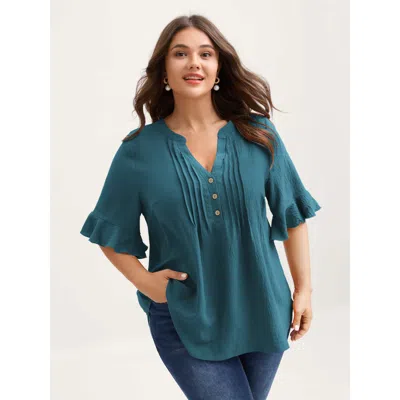 Bloomchic Women's Plus Size Toothpick Pleats Ruffled Sleeve Solid Blouse Cyan Solid Elegant Short Sleeve V-not In Blue