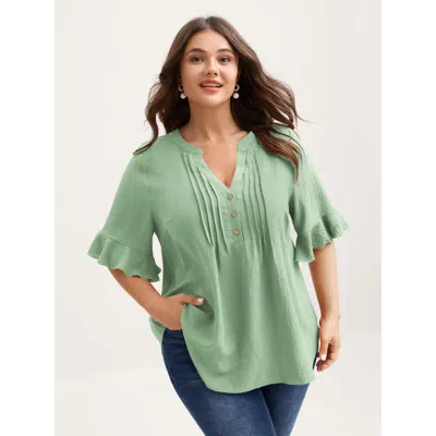 Bloomchic Women's Plus Size Toothpick Pleats Ruffled Sleeve Solid Blouse Greenbean Solid Elegant Short Sleeve 