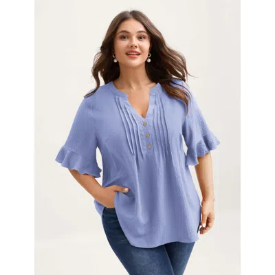 Bloomchic Women's Plus Size Toothpick Pleats Ruffled Sleeve Solid Blouse Lightblue Solid Elegant Short Sleeve  In Blue