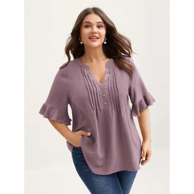 Bloomchic Women's Plus Size Toothpick Pleats Ruffled Sleeve Solid Blouse Mauve Solid Elegant Short Sleeve V-no In Purple