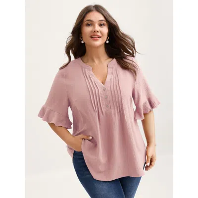 Bloomchic Women's Plus Size Toothpick Pleats Ruffled Sleeve Solid Blouse Nudepink Solid Elegant Short Sleeve V