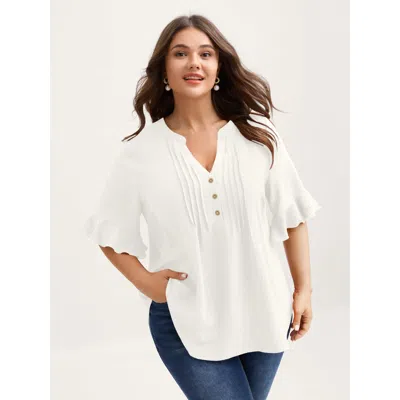 Bloomchic Women's Plus Size Toothpick Pleats Ruffled Sleeve Solid Blouse Originalwhite Solid Elegant Short Sle