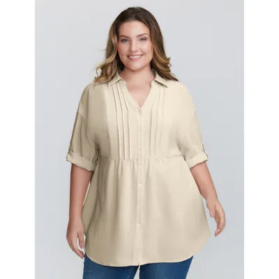Bloomchic Women's Plus Size Toothpick Pleats Tab Sleeve Long Blouse Apricot Solid Casual 3/4 Sleeve Collared N In Orange