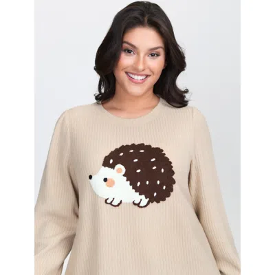 Bloomchic Women's Plus Size Towel Embroidered Cozy Animal Print Sweatshirt Lightbrown Animals Casual Round Nec In Brown