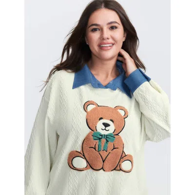 Bloomchic Women's Plus Size Towel Texture Teddy Embroidery Patchwork Sweatshirt Ivory Animals Casual 18-20/2x In White