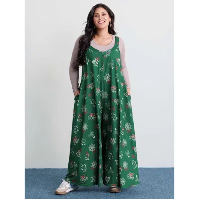 Bloomchic Women's Plus Size Tree Gingerbread Print Knit Jumpsuit Truegreen Casual Relaxed Fit 10/m