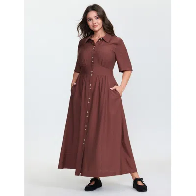 Bloomchic Women's Plus Size Triangular Waist Button Detail Shirred Maxi Dress Browncoffeecolor Solid Maxi Casu