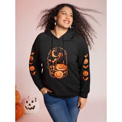 Bloomchic Women's Plus Size Trick & Chic Graphic Sweatshirt Black Halloween Casual Hooded Neck 10/m