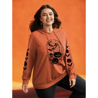 Bloomchic Women's Plus Size Trick & Chic Graphic Sweatshirt Brightorange Halloween Casual Hooded Neck 12/l